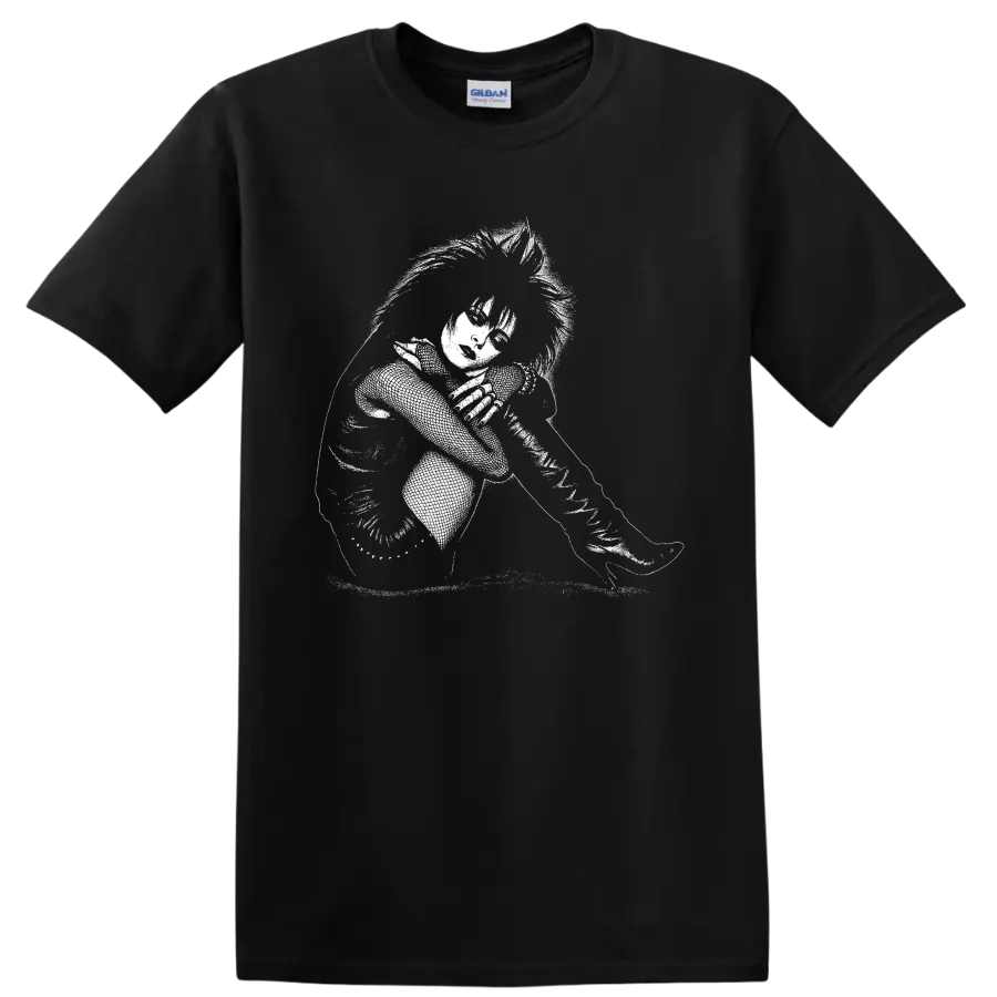 Siouxsie Sioux monochrome portrait singing into microphone in gothic punk style on a Black T Shirt