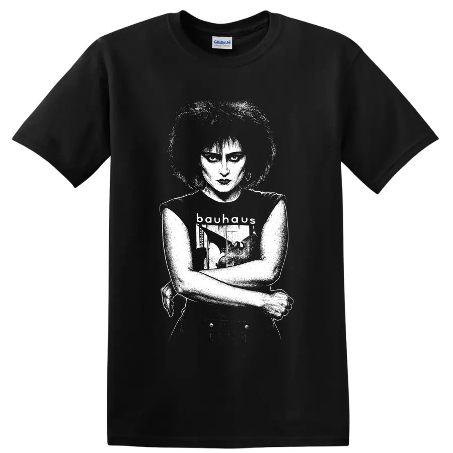 Monochrome Siouxsie Sioux portrait in a bold post-punk music graphic style on a Black T Shirt