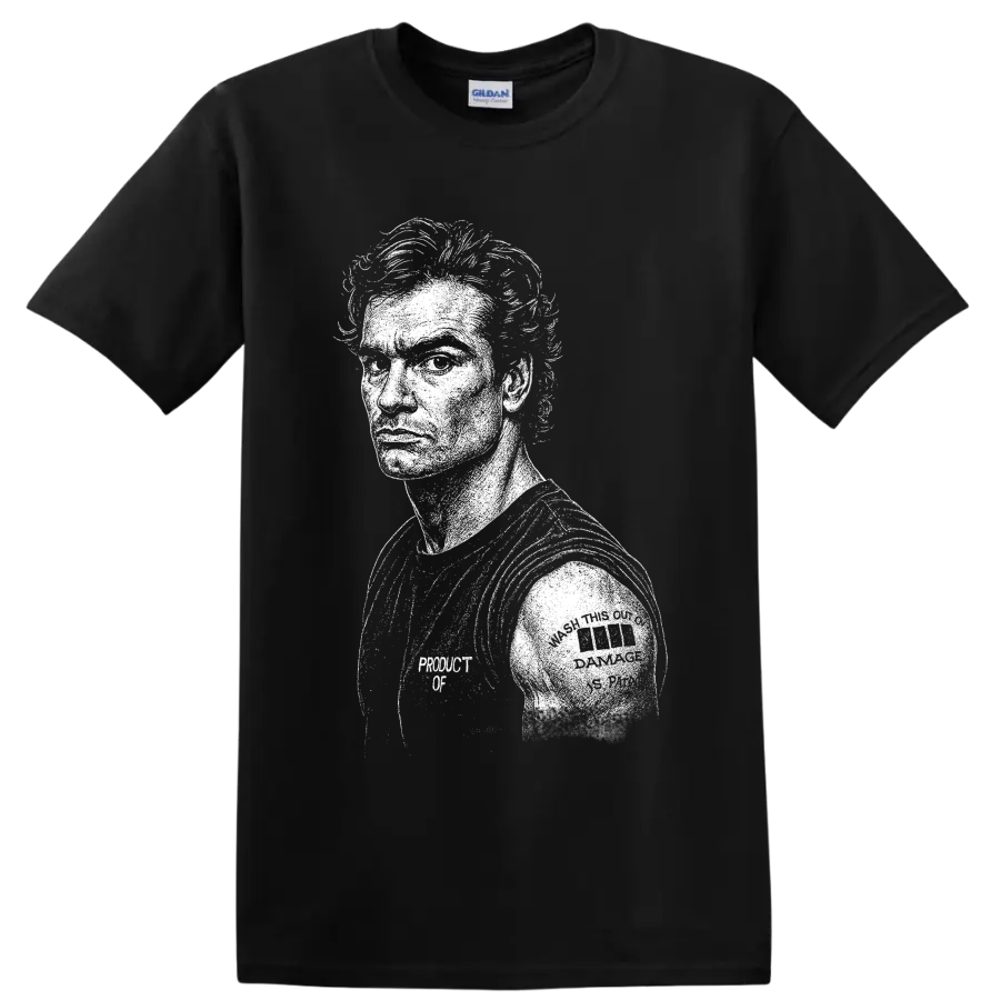 Stark distressed Henry Rollins portrait in Black Flag hardcore punk style on a Black T Shirt