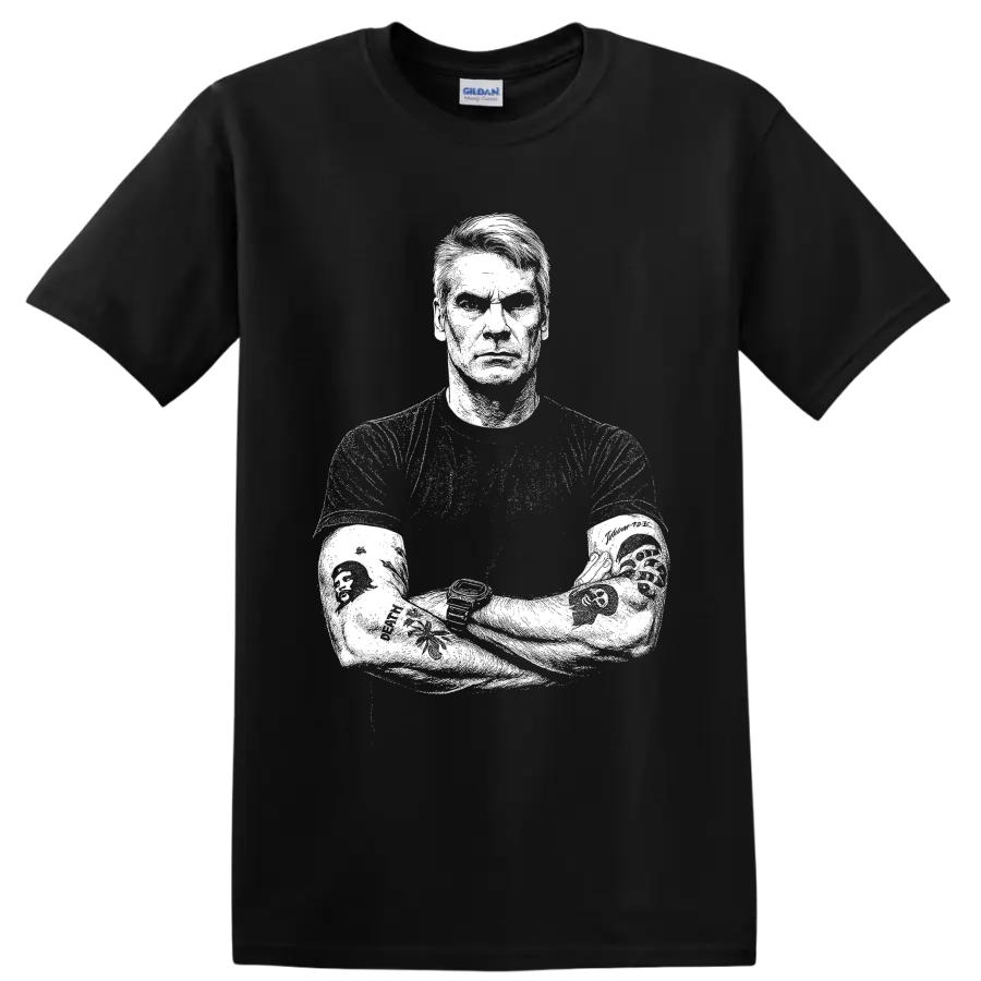 High-contrast black-and-white Henry Rollins Black Flag punk portrait graphic on a Black T Shirt