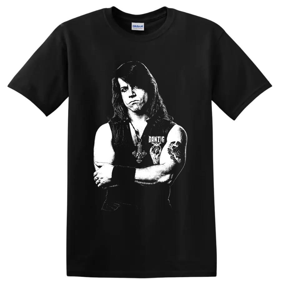 High-contrast Glenn Danzig portrait in stark punk rock graphic style on a Black T Shirt