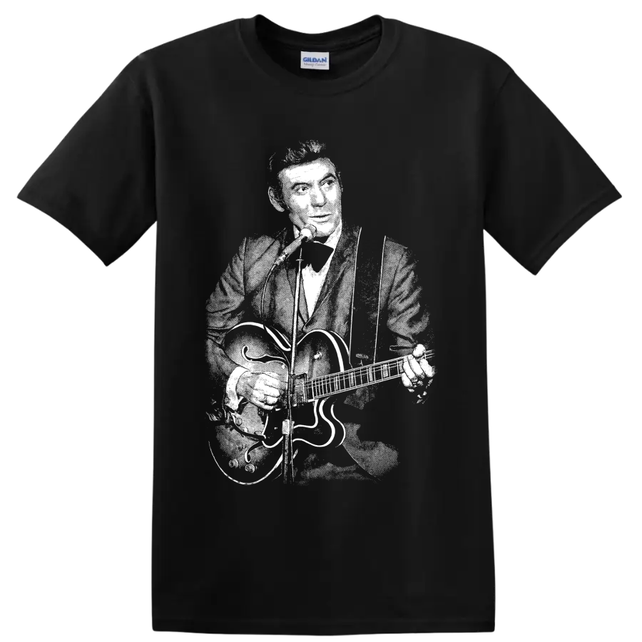 Monochrome Carl Perkins guitarist portrait in vintage rockabilly illustration style on a Black T Shirt