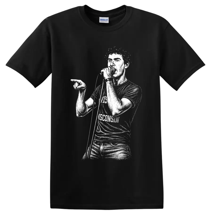 Ian Curtis portrait in stark monochrome post-punk illustration style on a Black T Shirt
