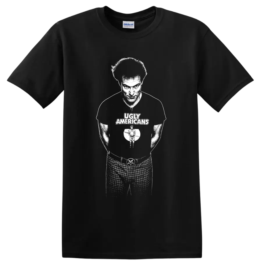Bob Schneider Ugly Americans guitarist silhouette in bold monochrome graphic style on a Black T Shirt