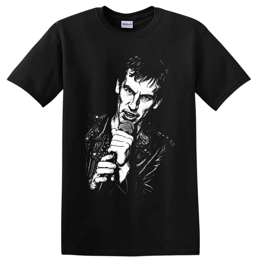 High-contrast Ian McCulloch guitar portrait in distressed post-punk style on a Black T Shirt