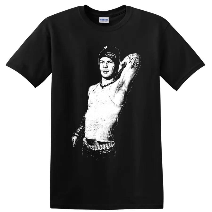 Anthony Kiedis white silhouette singer portrait with microphone and cap on a Black T Shirt