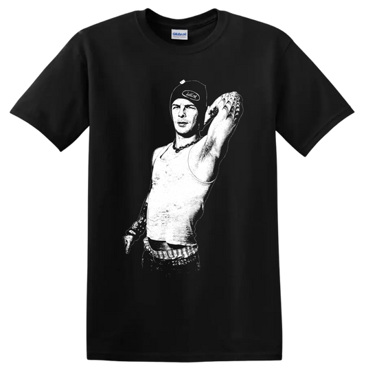 Anthony Kiedis white silhouette singer portrait with microphone and cap on a Black T Shirt