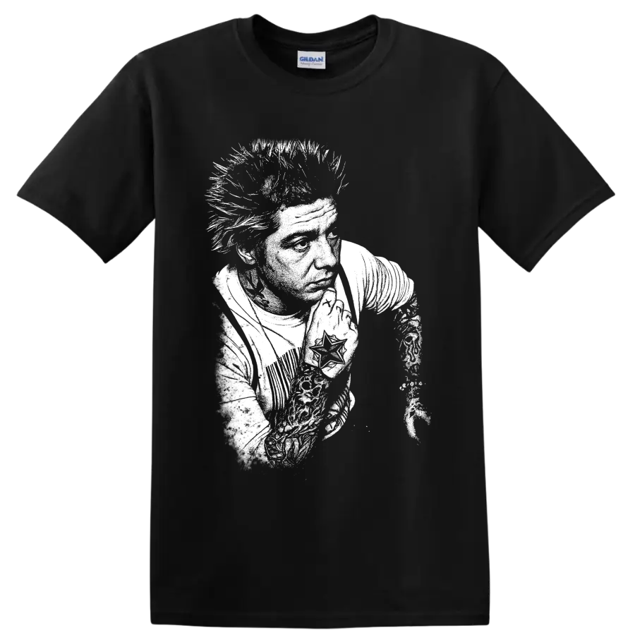 High-contrast Mitch Lucker portrait in a stark black-and-white deathcore graphic style on a Black T Shirt
