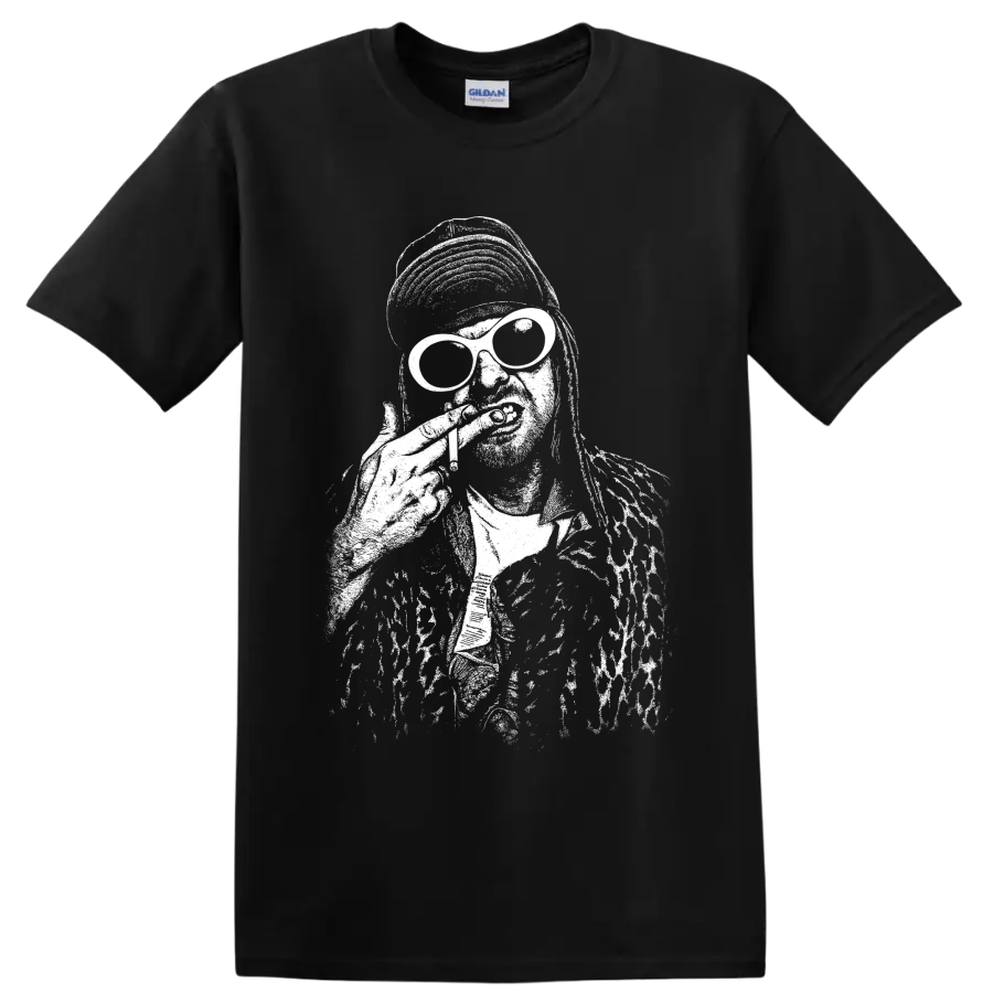High-contrast Kurt Cobain Nirvana portrait in black-and-white grunge illustration on a Black T Shirt