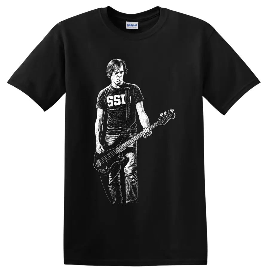 Krist Novoselic holding bass in a bold white minimalist grunge portrait on a Black T Shirt
