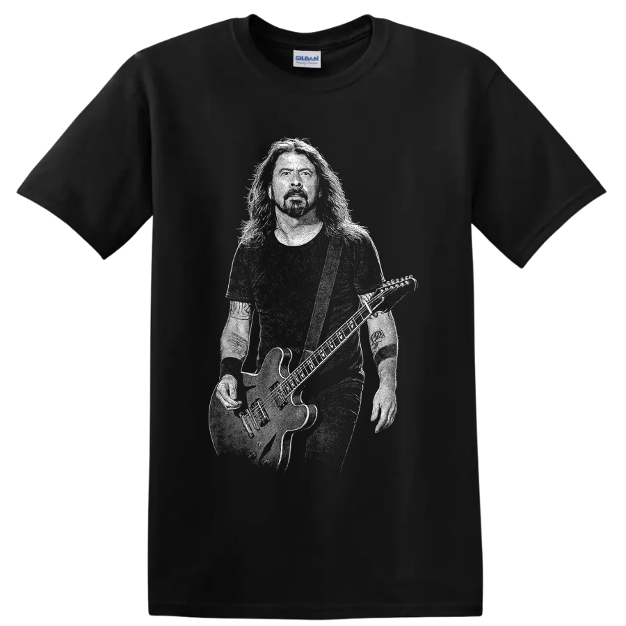 High-contrast Dave Grohl guitarist portrait silhouette graphic on a Black T Shirt