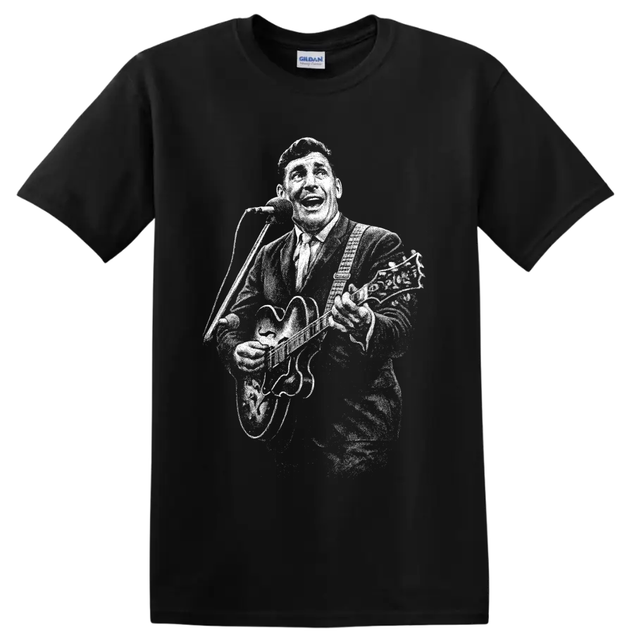 Carl Perkins high-contrast vintage-style rockabilly musician portrait graphic on a Black T Shirt