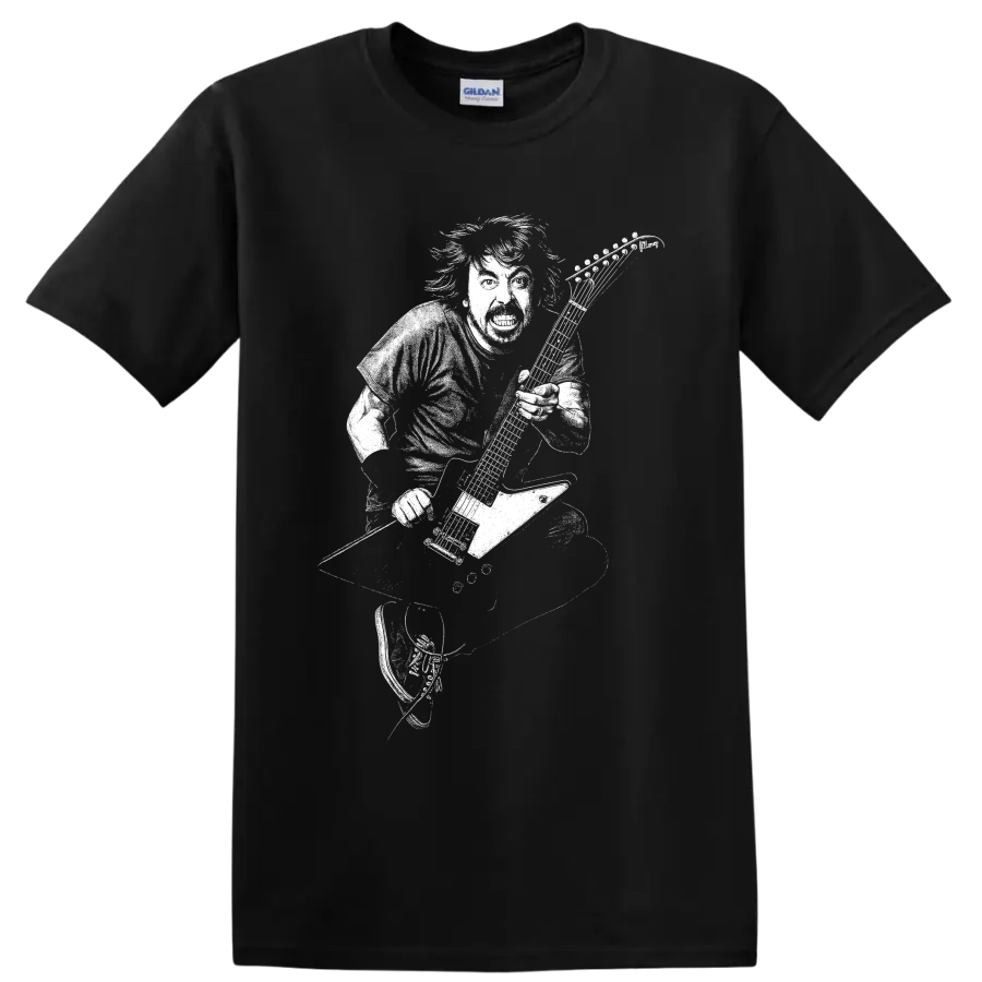 Dave Grohl guitarist silhouette with microphone in bold monochrome rock performance style on a Black T Shirt