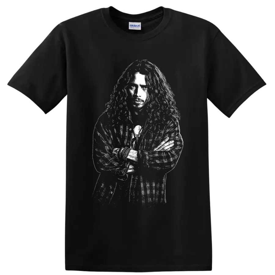 High-contrast Chris Cornell portrait in distressed grunge rock illustration style on a Black T Shirt