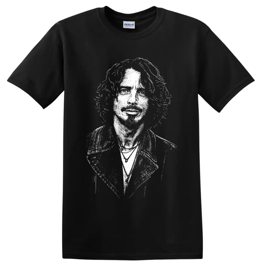 High-contrast Chris Cornell portrait in a bold monochrome grunge rock style on a Black T Shirt