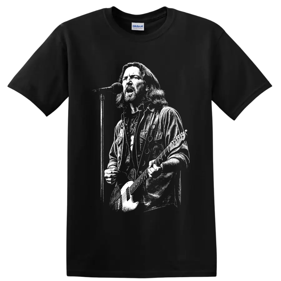 Monochrome Eddie Vedder guitar portrait in bold high-contrast rock illustration on a Black T Shirt