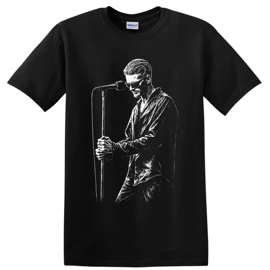 High-contrast Layne Staley Alice in Chains performance portrait in white graphic art on a Black T Shirt
