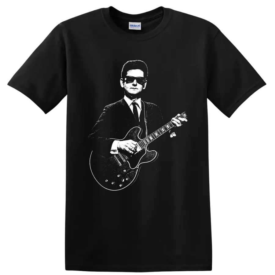 Roy Orbison-style high-contrast guitar portrait in vintage rock and roll graphic art on a Black T Shirt