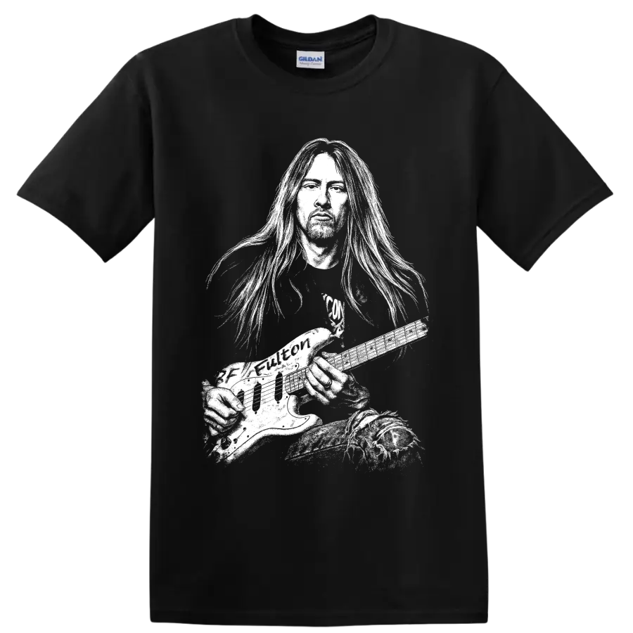 Jerry Cantrell monochrome portrait in a high-contrast grunge rock poster style on a Black T Shirt