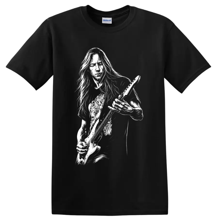 High-contrast Jerry Cantrell guitarist portrait holding a guitar in rock poster style on a Black T Shirt