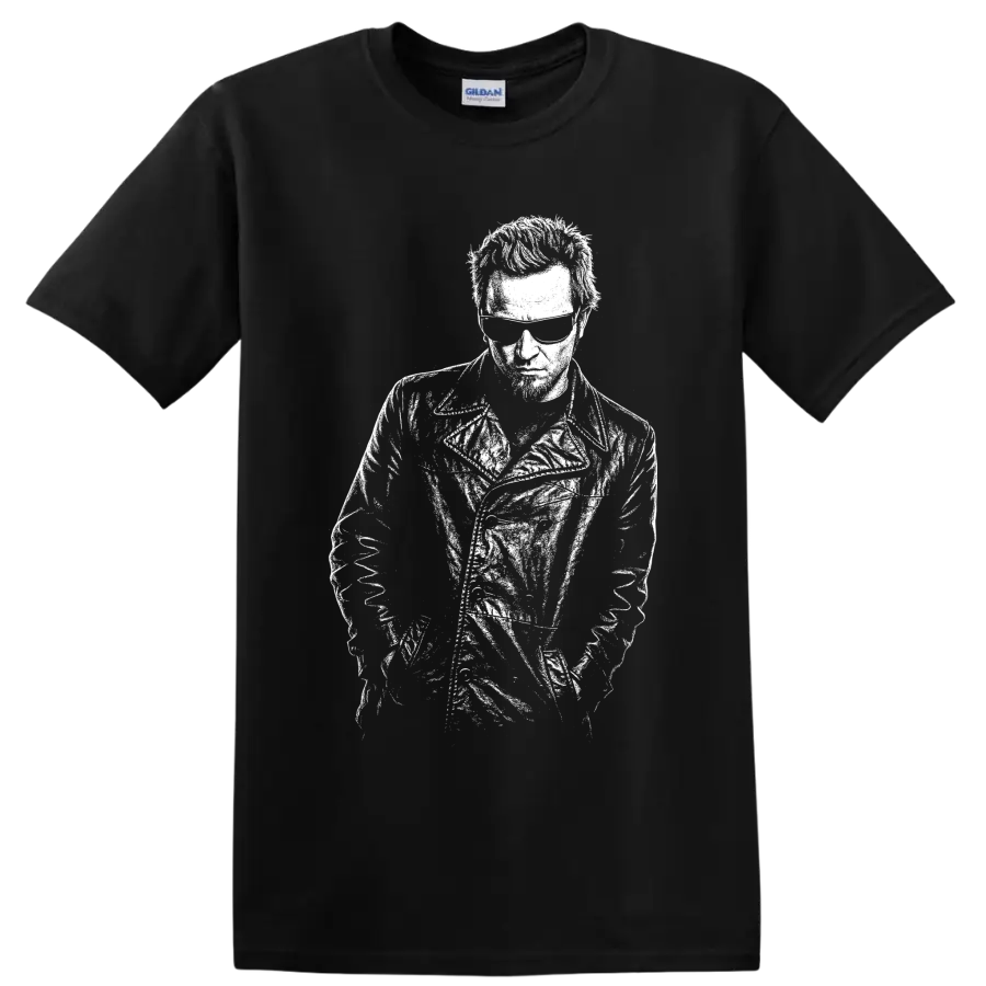 High-contrast monochrome Layne Staley portrait in Alice in Chains grunge style on a Black T Shirt