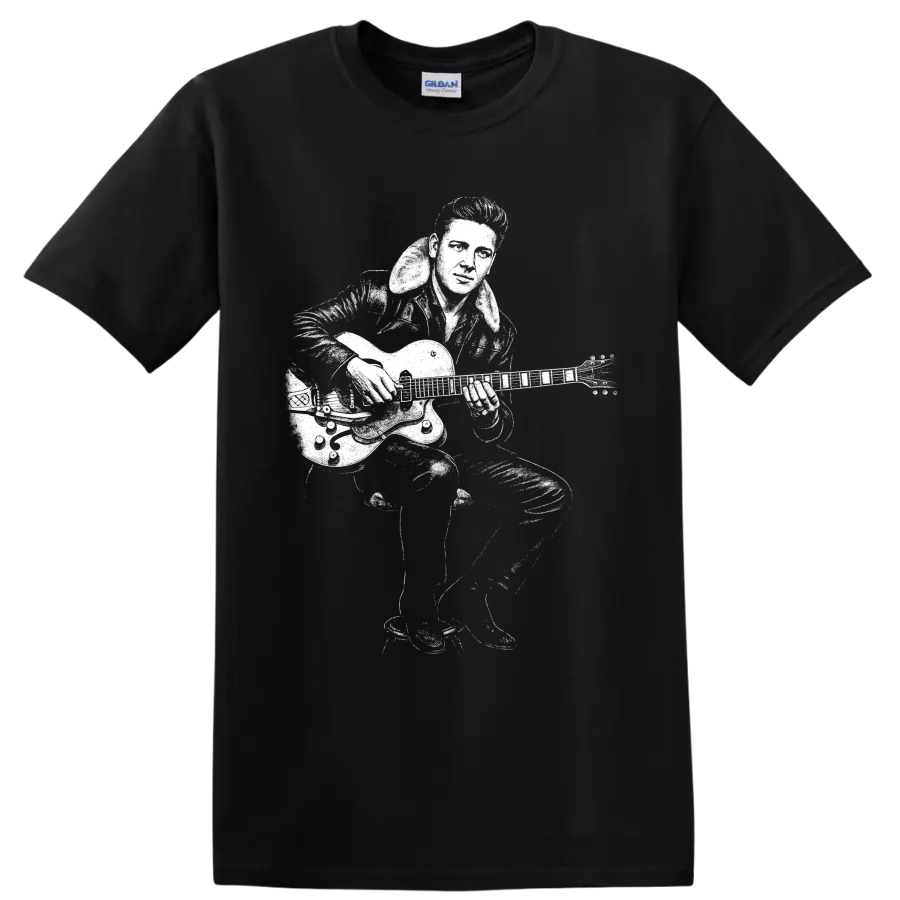 Eddie Cochran playing electric guitar in bold high-contrast rockabilly performance art on a Black T Shirt
