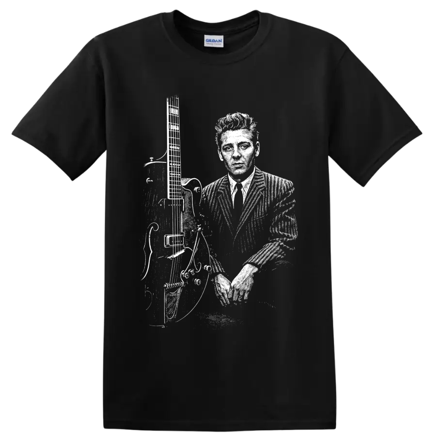 Eddie Cochran holding guitar in high-contrast vintage rockabilly performance portrait on a Black T Shirt