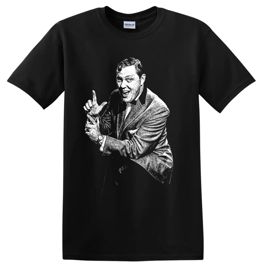 High-contrast vintage-style Bill Haley portrait with guitar on a Black T Shirt