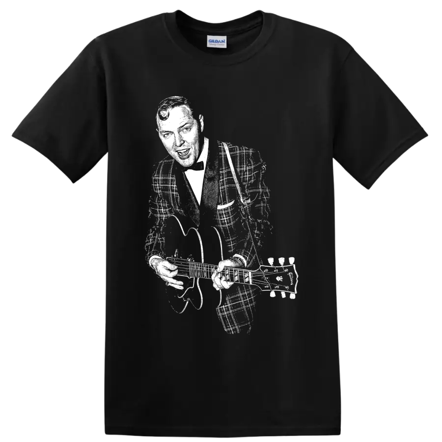 High-contrast vintage-style Bill Haley portrait with guitar on a Black T Shirt