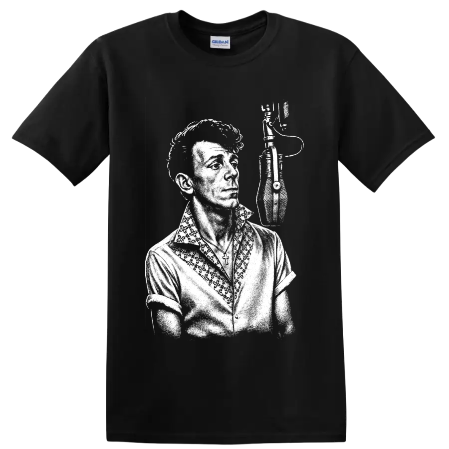 High-contrast Gene Vincent portrait in a bold vintage rockabilly style on a Black T Shirt