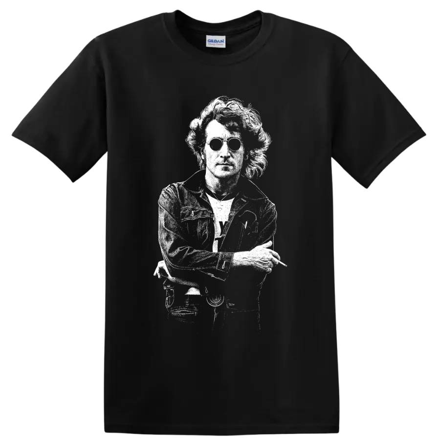 White John Lennon guitar portrait in bold stencil-style British rock artwork on a Black T Shirt