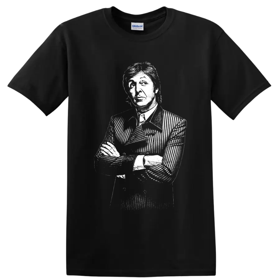 High-contrast monochrome portrait graphic of Paul McCartney of The Beatles on a Black T Shirt