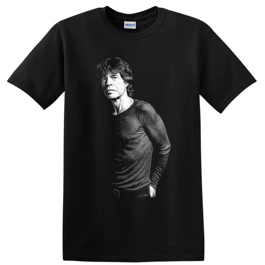 Mick Jagger black-and-white silhouette portrait in bold rock graphic style on a Black T Shirt
