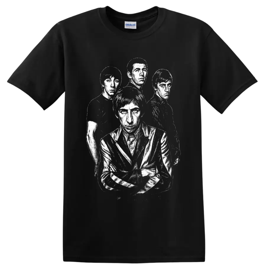 High-contrast four-member portrait of The Who in vintage British rock style on a Black T Shirt