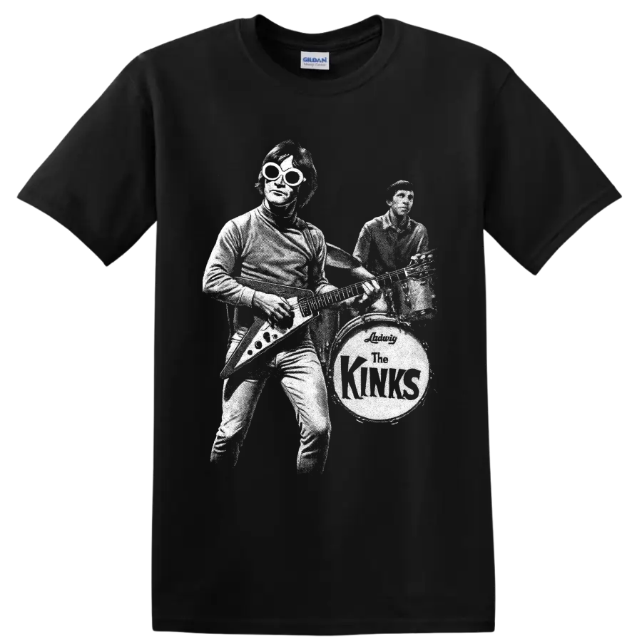 High-contrast white portrait graphic of The Kinks Dave Davies and Mick Avory on a Black T Shirt
