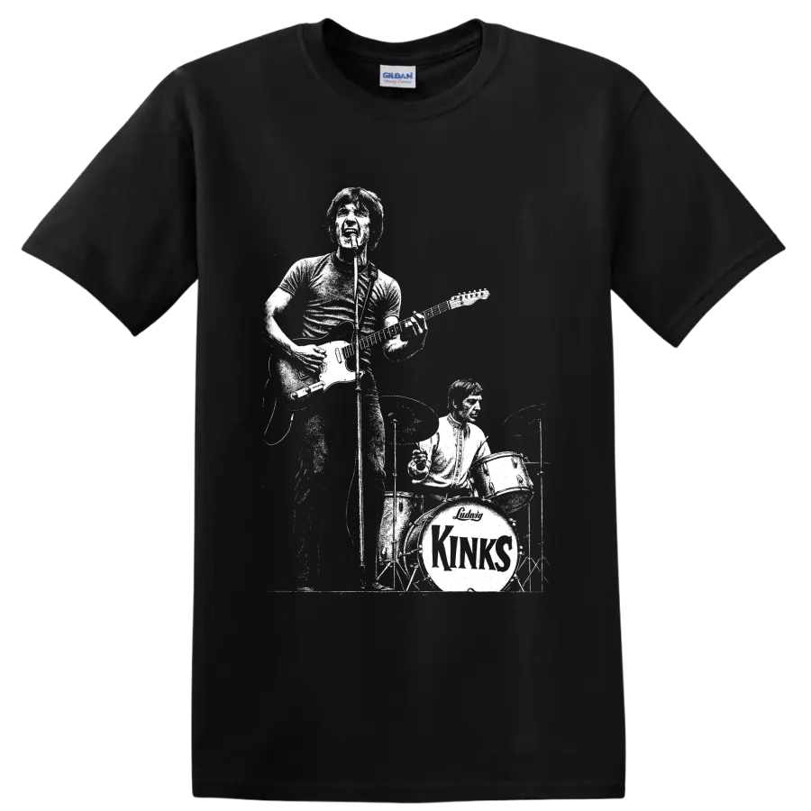 Monochrome The Kinks Ray Davies and Mick Avory guitar and drums performance graphic on a Black T Shirt