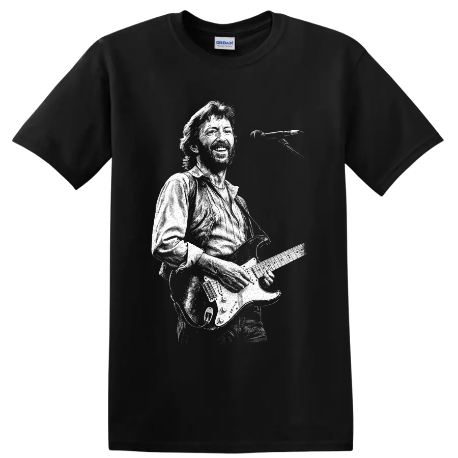 Eric Clapton guitarist silhouette with electric guitar in bold monochrome style on a Black T Shirt