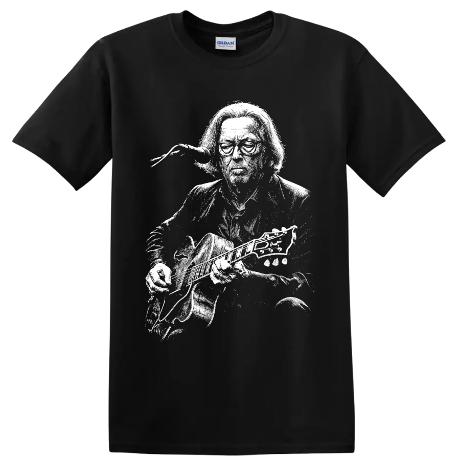 High-contrast Eric Clapton guitarist portrait with electric guitar on a Black T Shirt
