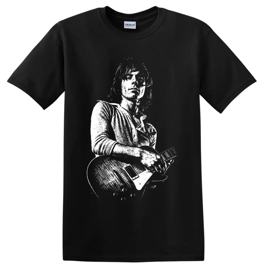 High-contrast Jeff Beck guitarist portrait with electric guitar in stencil-style art on a Black T Shirt