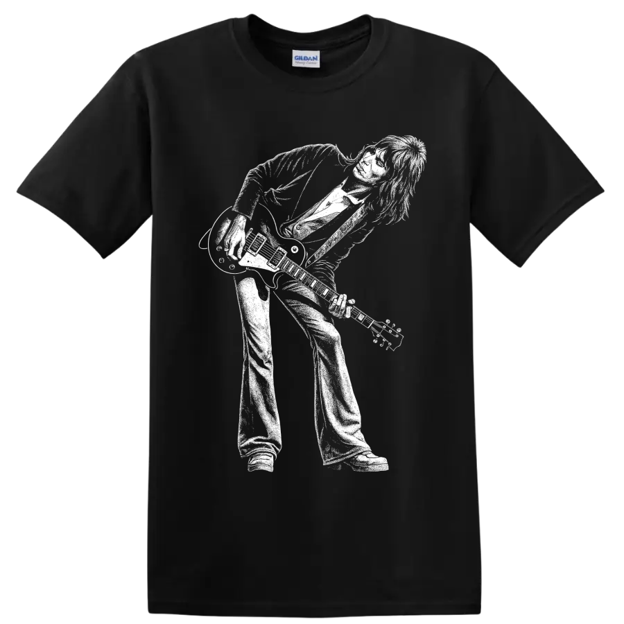 High-contrast Jimmy Page guitarist stage performance portrait graphic on a Black T Shirt