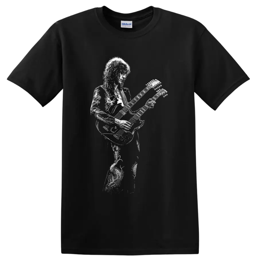 White Jimmy Page guitarist silhouette playing electric guitar in minimalist rock style on a Black T Shirt