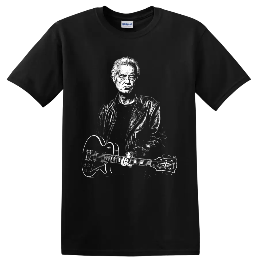 Jimmy Page Led Zeppelin guitarist with double-neck guitar silhouette graphic on a Black T Shirt