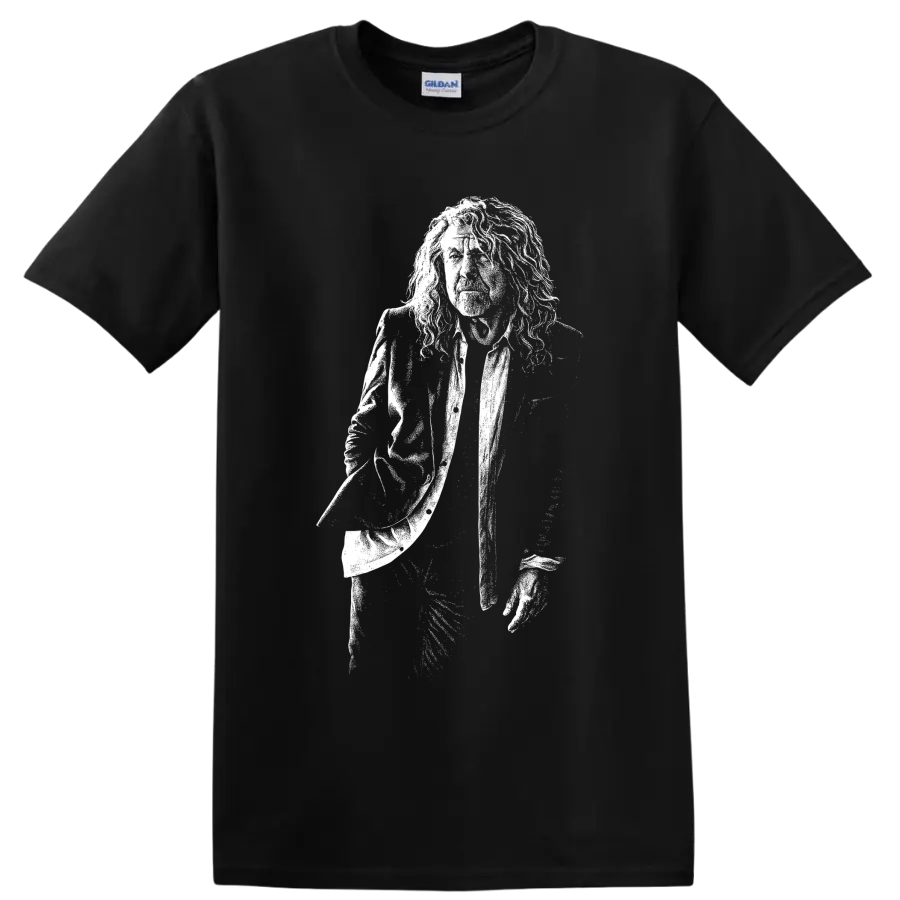 Monochrome Robert Plant holding microphone portrait in vintage rock illustration style on a Black T Shirt