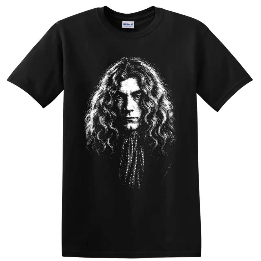 High-contrast black-and-white Robert Plant Led Zeppelin singer portrait on a Black T Shirt