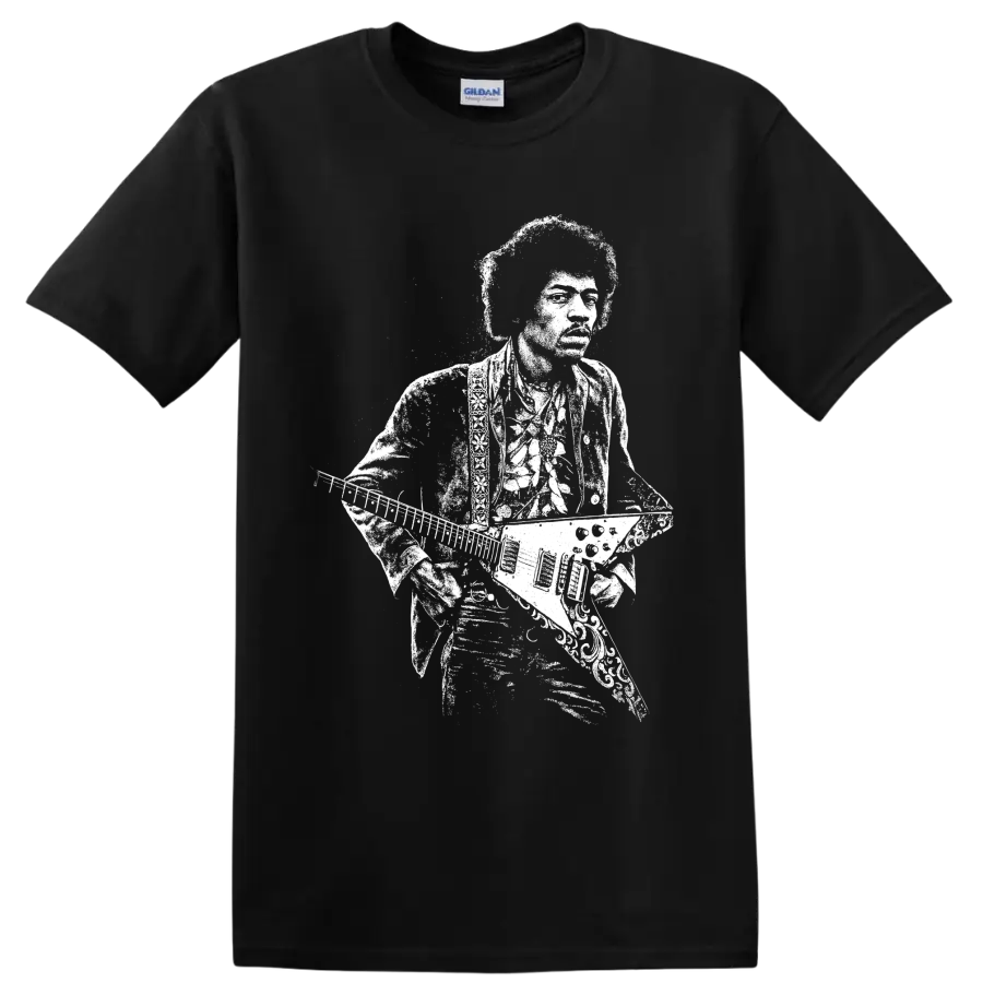 Jimi Hendrix guitarist portrait with guitar in high-contrast retro rock style on a Black T Shirt