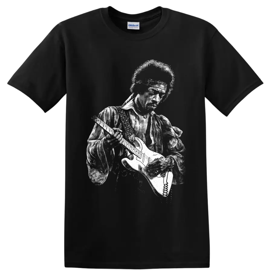 High-contrast Jimi Hendrix guitarist portrait in vintage rock poster style on a Black T Shirt