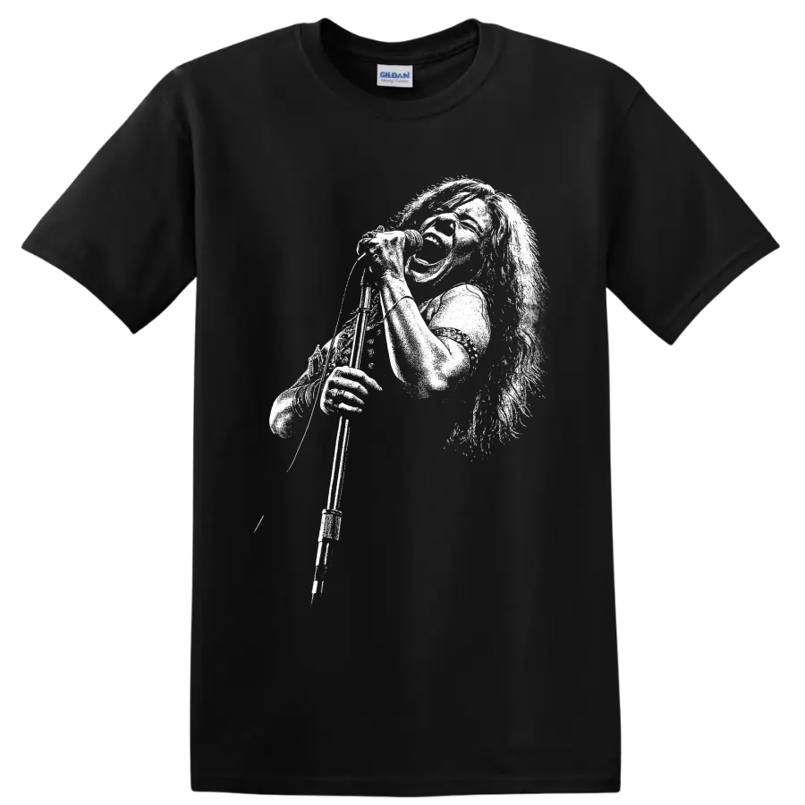 Janis Joplin monochrome portrait in a bold rock and blues music graphic style on a Black T Shirt