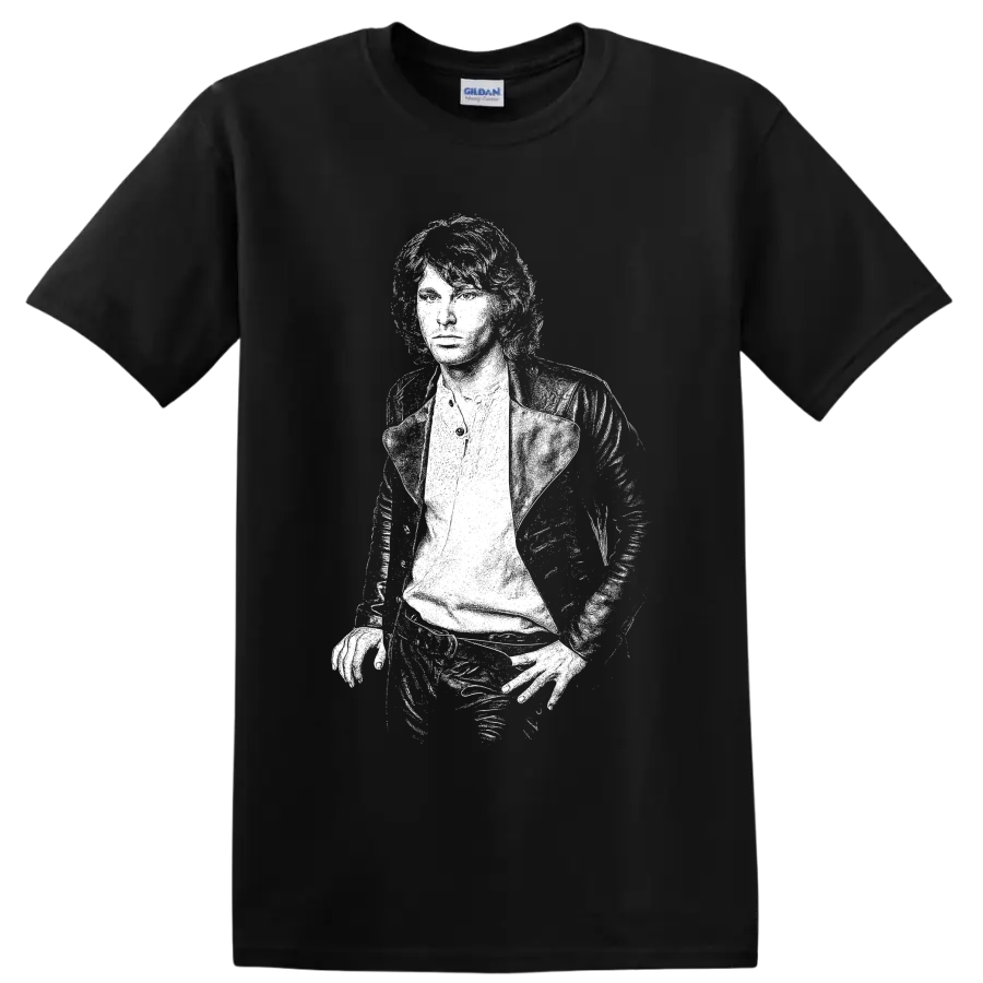 High-contrast white Jim Morrison portrait graphic inspired by The Doors on a Black T Shirt