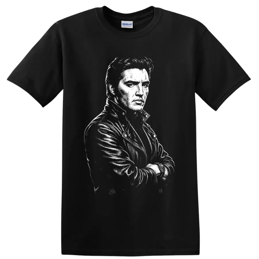 Elvis Presley black-and-white vintage-style rock and roll portrait graphic on a Black T Shirt