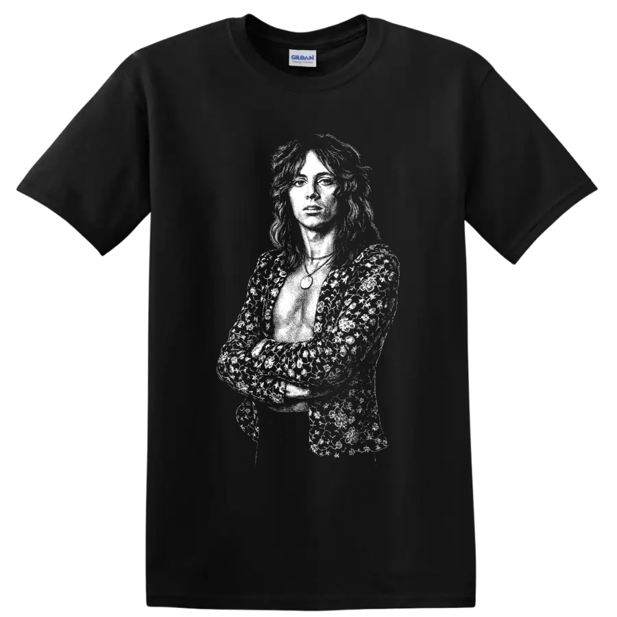High-contrast Roger Taylor of Queen drummer portrait in monochrome rock art style on a Black T Shirt